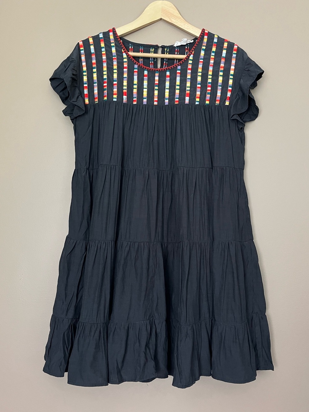 {Entro} Short Flutter Sleeve Tiered Babydoll Dress with Embroidery - Size Small